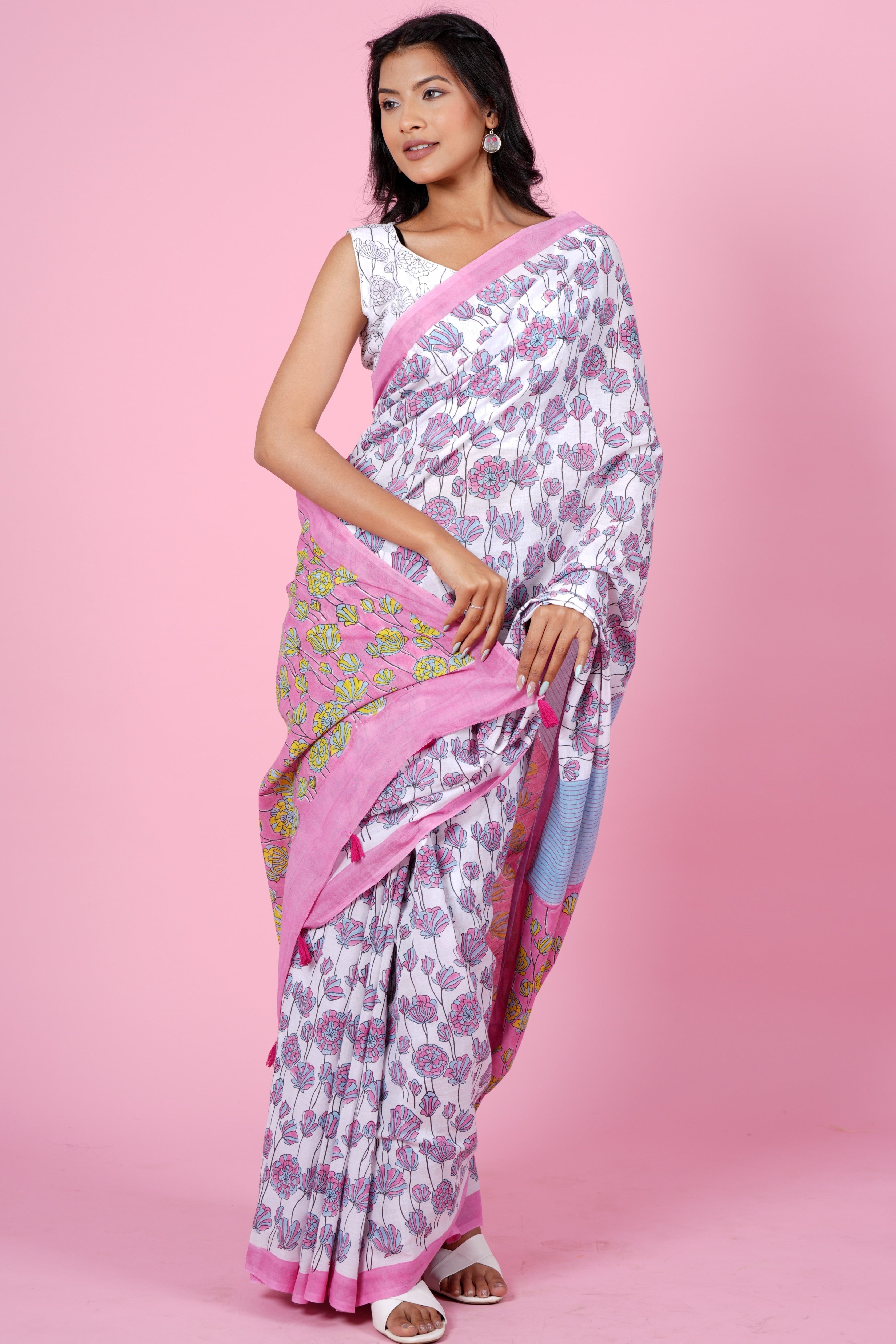 "Azalia Pink" HANDBLOCK PRINT MUL COTTON SAREE - SootiSyahi