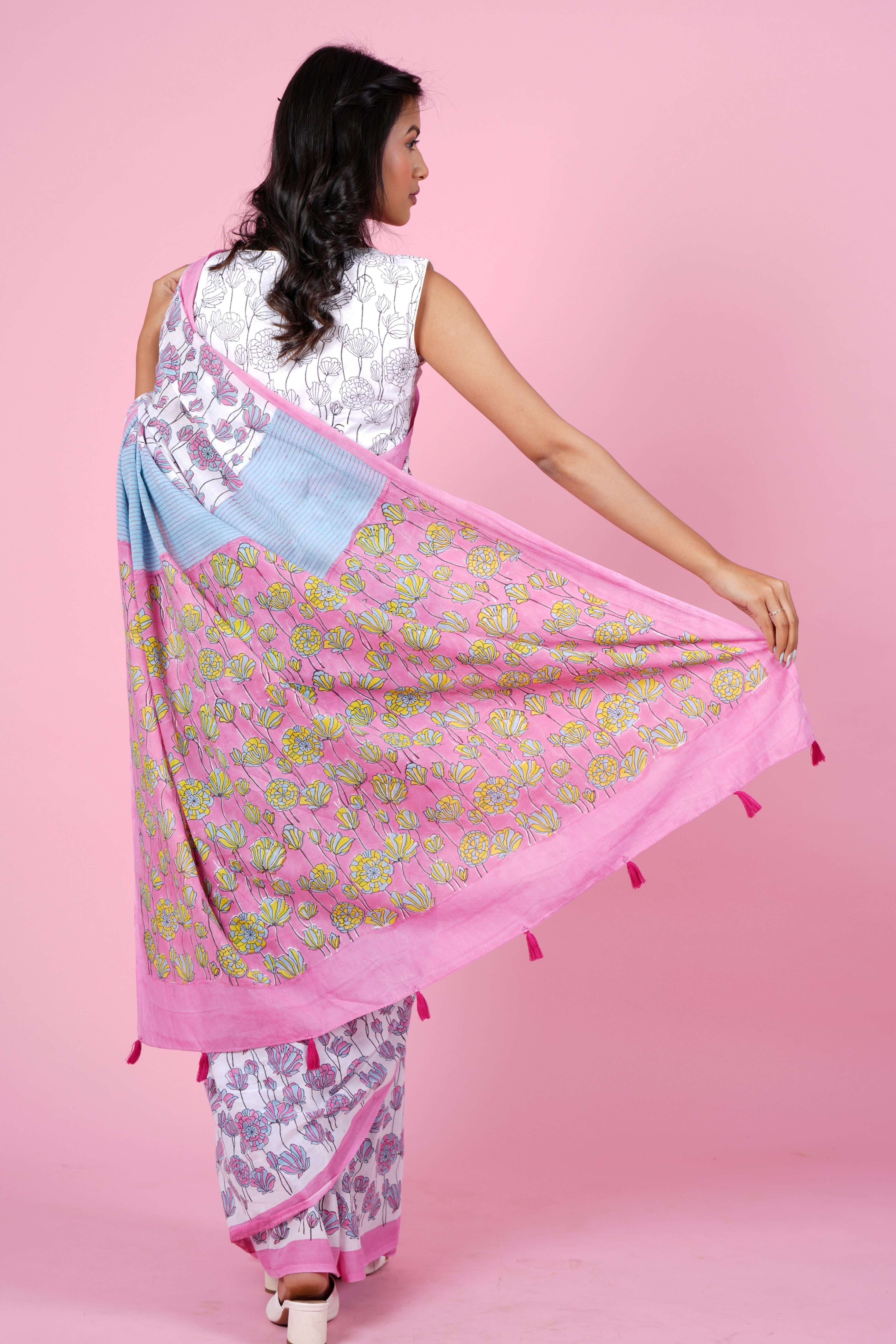 "Azalia Pink" HANDBLOCK PRINT MUL COTTON SAREE - SootiSyahi