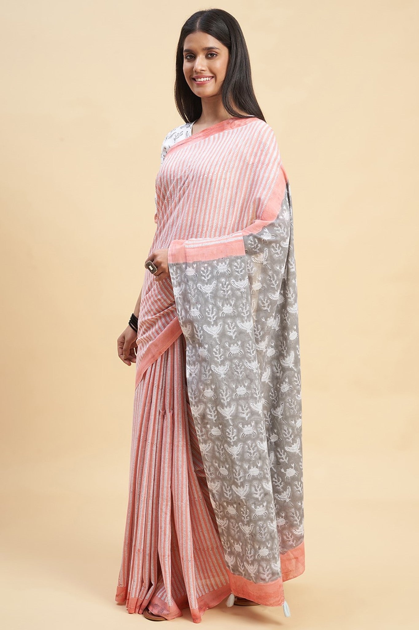 " Azalia Yellow" HANDBLOCK PRINT MUL COTTON SAREE - SootiSyahi