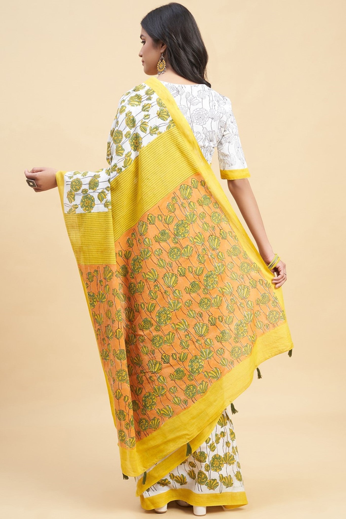 " Azalia Yellow" HANDBLOCK PRINT MUL COTTON SAREE - SootiSyahi