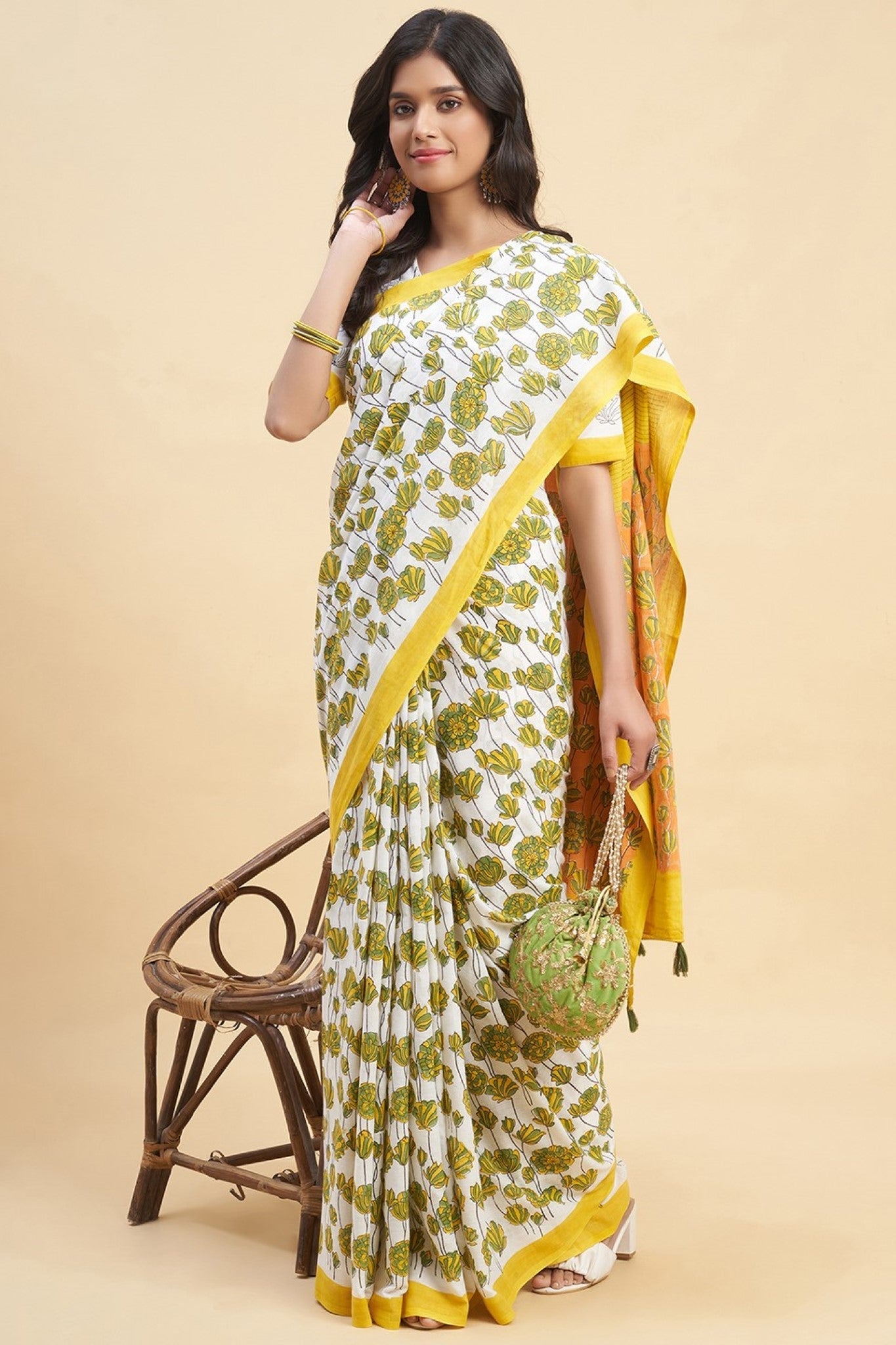 " Azalia Yellow" HANDBLOCK PRINT MUL COTTON SAREE - SootiSyahi