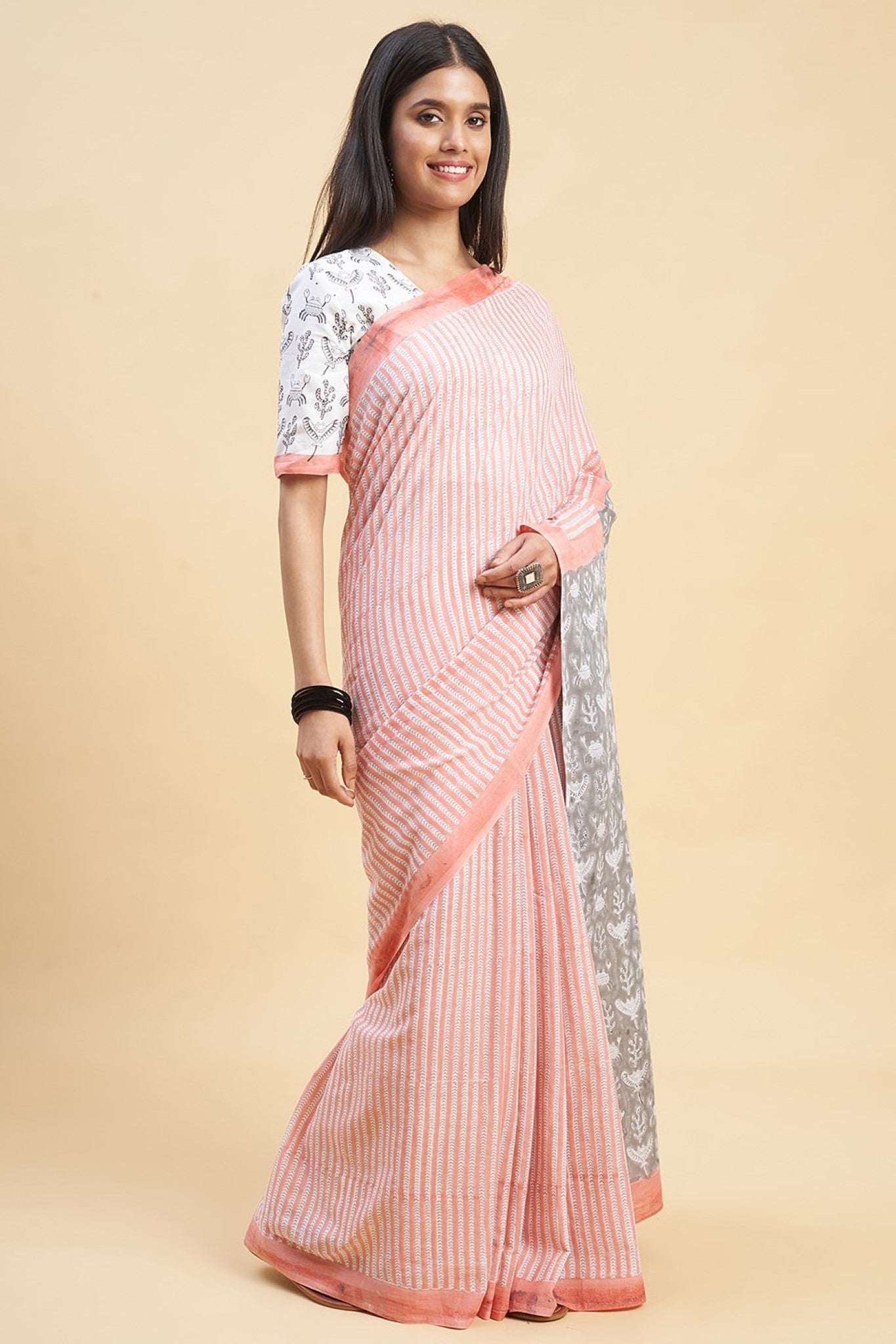 " Azalia Yellow" HANDBLOCK PRINT MUL COTTON SAREE - SootiSyahi