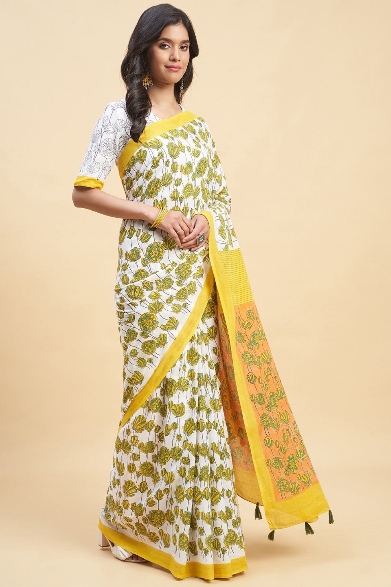 " Azalia Yellow" HANDBLOCK PRINT MUL COTTON SAREE - SootiSyahi