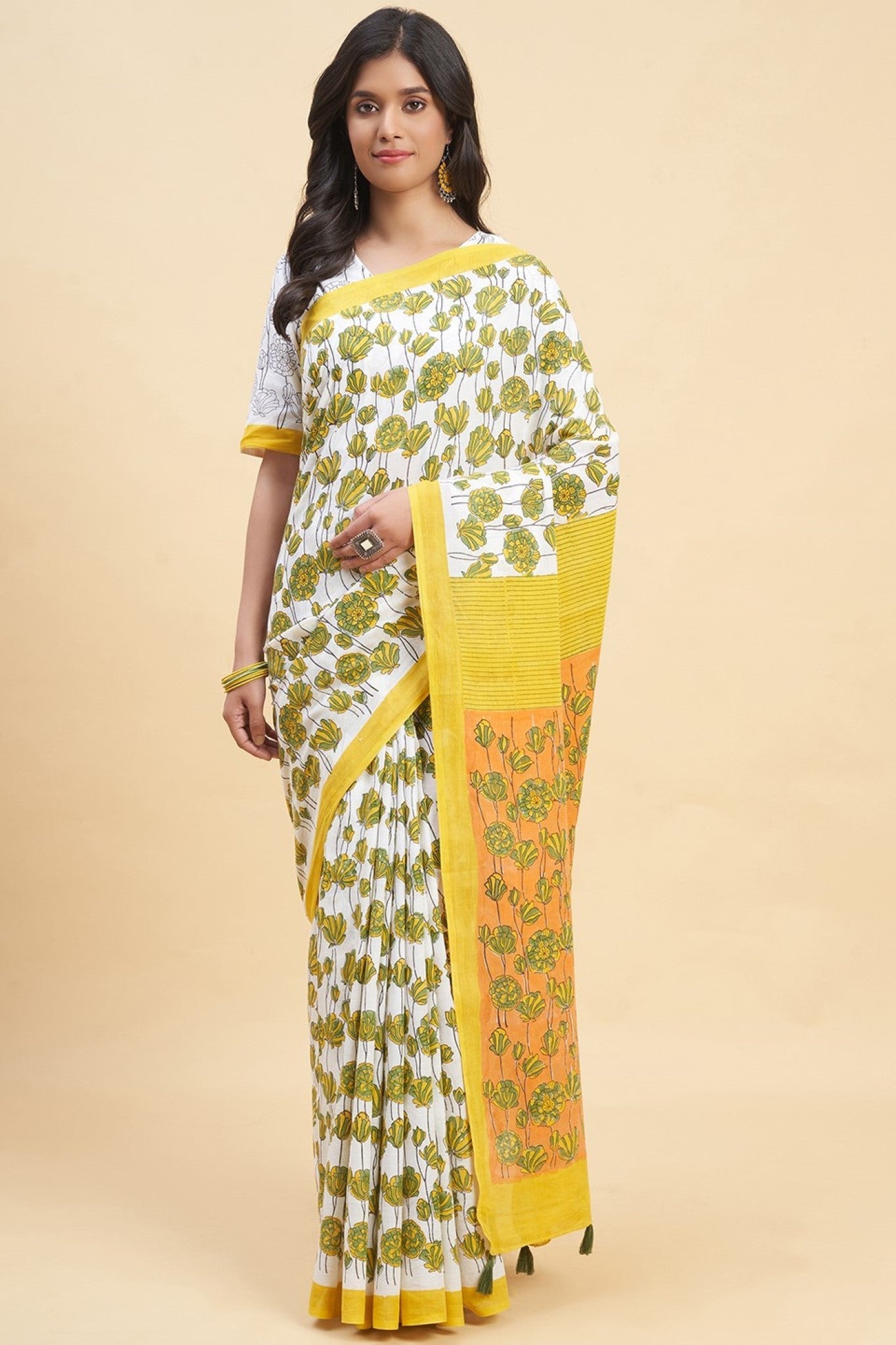 " Azalia Yellow" HANDBLOCK PRINT MUL COTTON SAREE - SootiSyahi