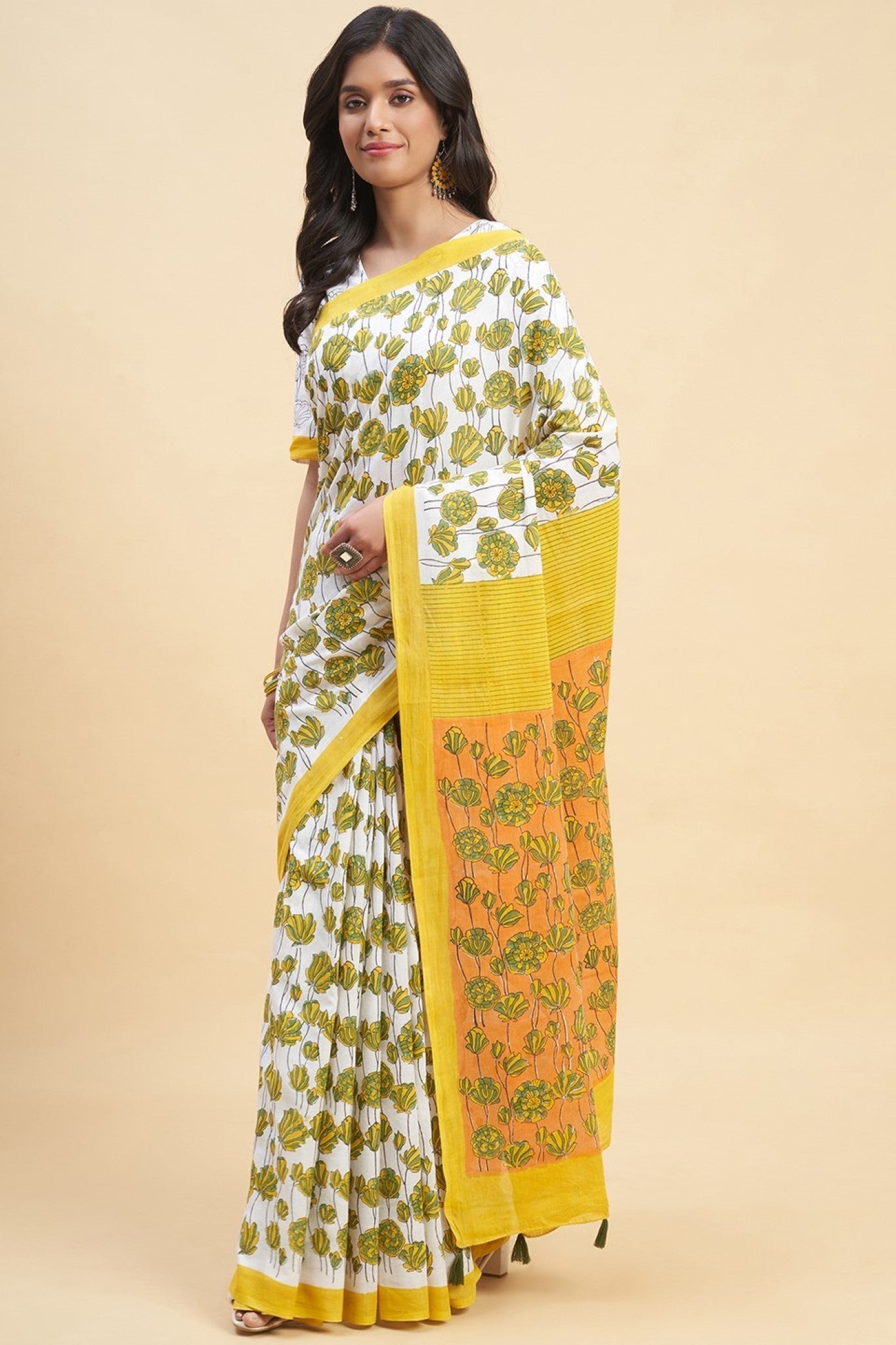 " Azalia Yellow" HANDBLOCK PRINT MUL COTTON SAREE - SootiSyahi