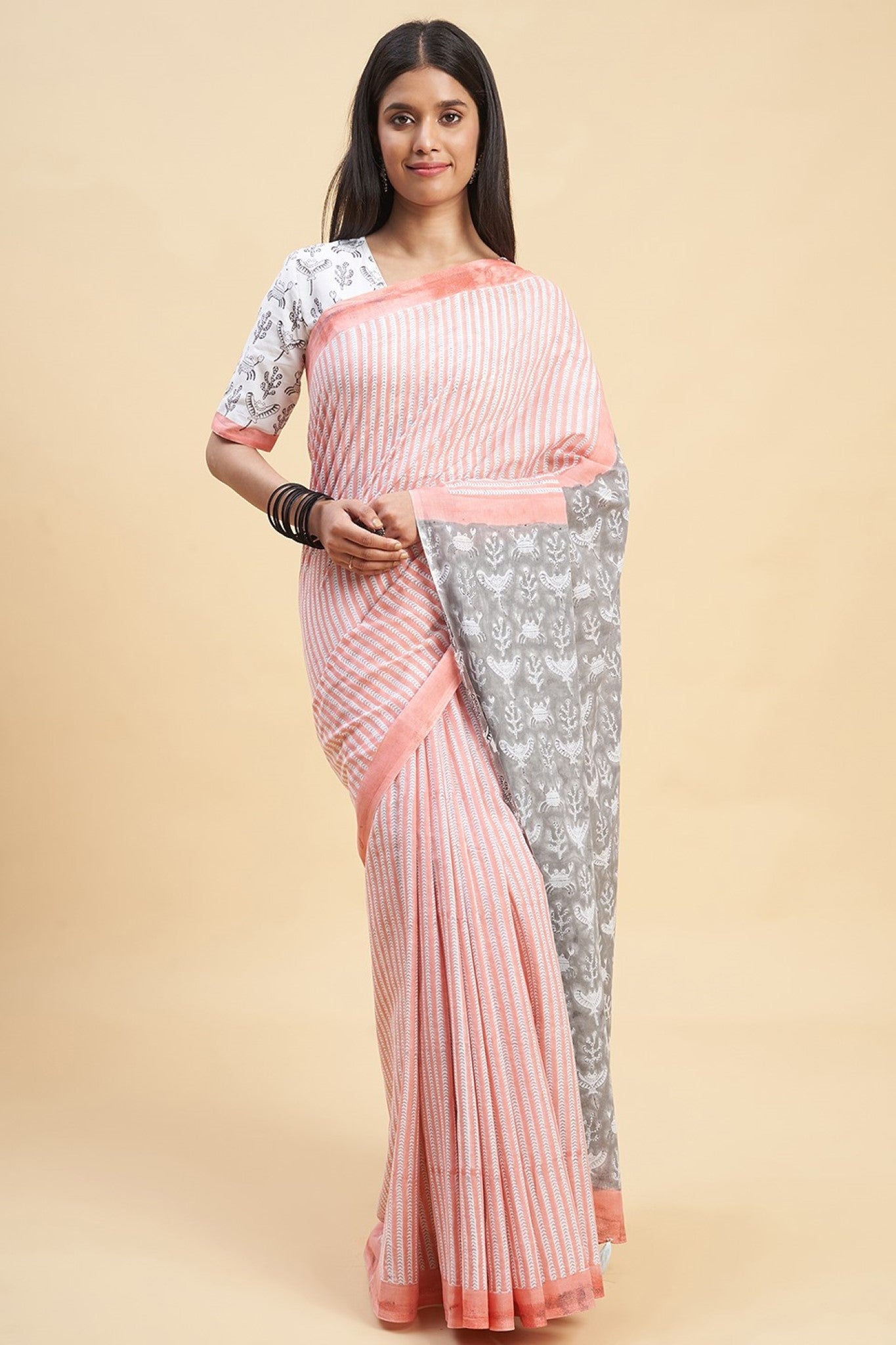 " Azalia Yellow" HANDBLOCK PRINT MUL COTTON SAREE - SootiSyahi