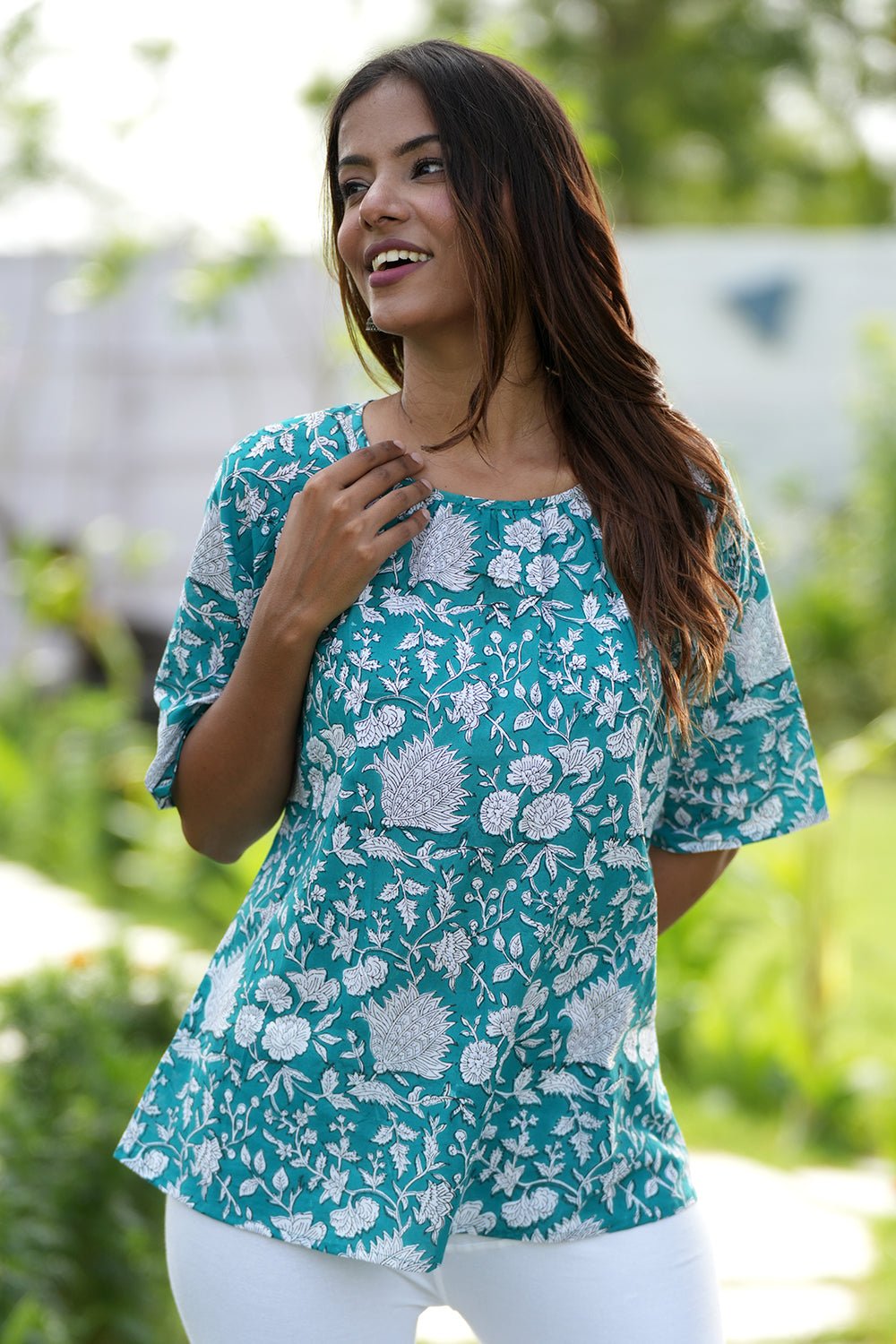 Azure Delight Handblock Printed Cotton Top - SootiSyahi