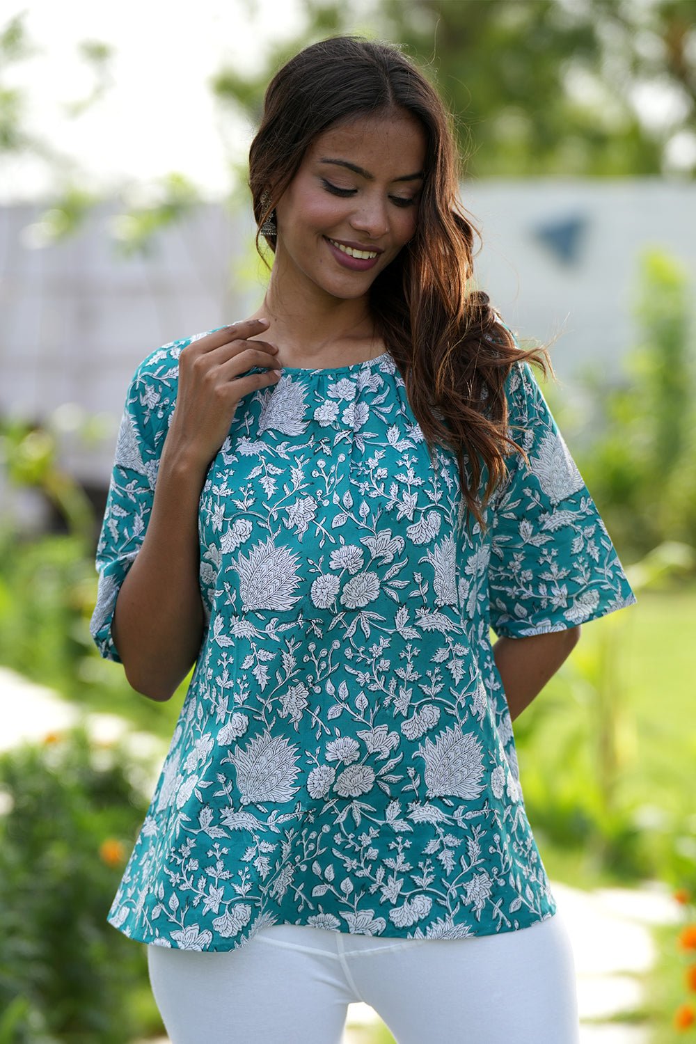 Azure Delight Handblock Printed Cotton Top - SootiSyahi