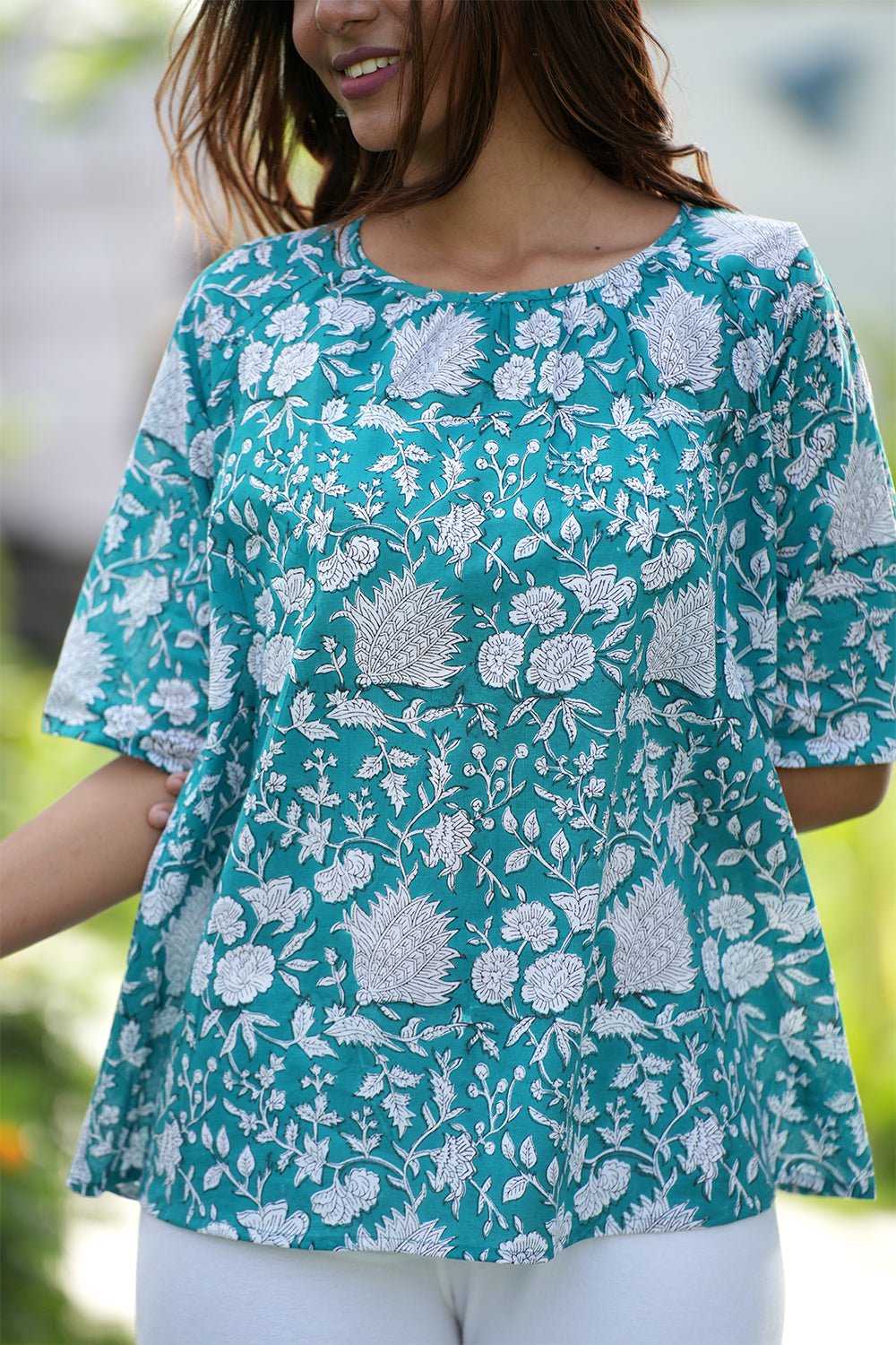 Azure Delight Handblock Printed Cotton Top - SootiSyahi