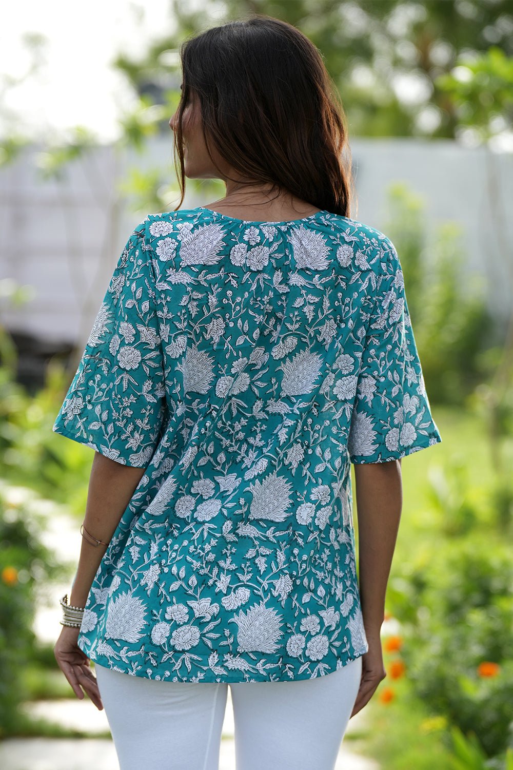 Azure Delight Handblock Printed Cotton Top - SootiSyahi