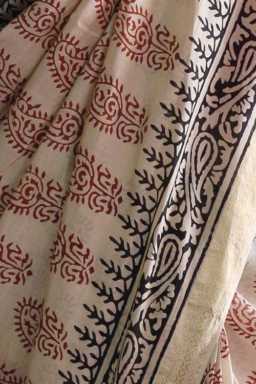 Bagru Handblock Print Maheshwari Silk Saree - SootiSyahi