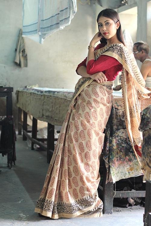 Bagru Handblock Print Maheshwari Silk Saree - SootiSyahi