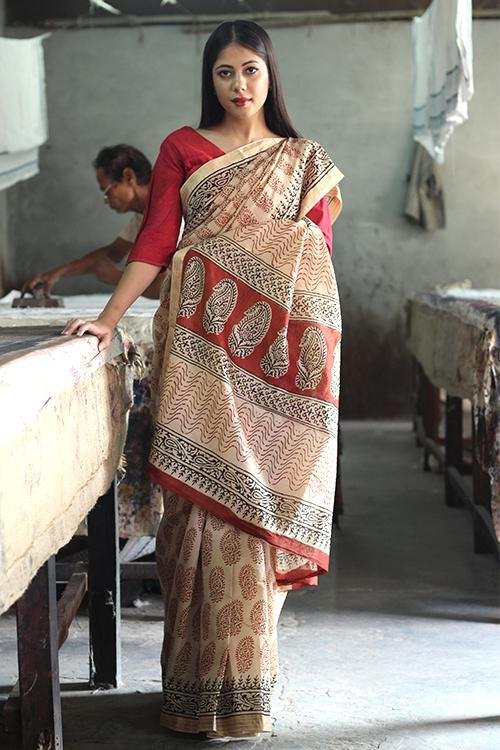 Bagru Handblock Print Maheshwari Silk Saree - SootiSyahi