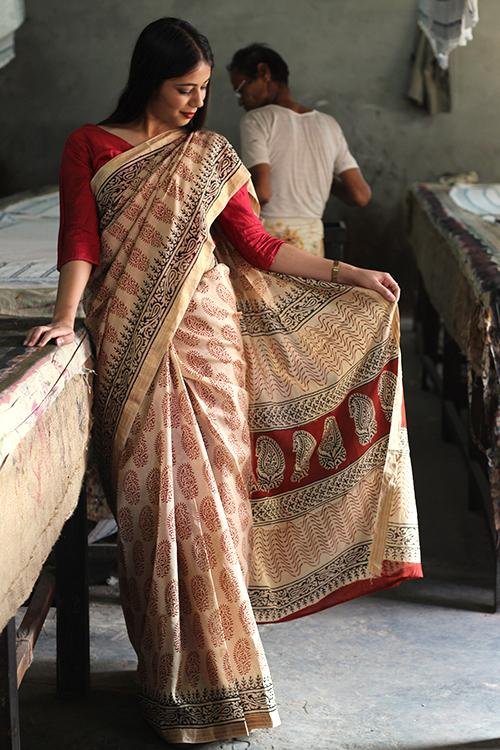 Bagru Handblock Print Maheshwari Silk Saree - SootiSyahi