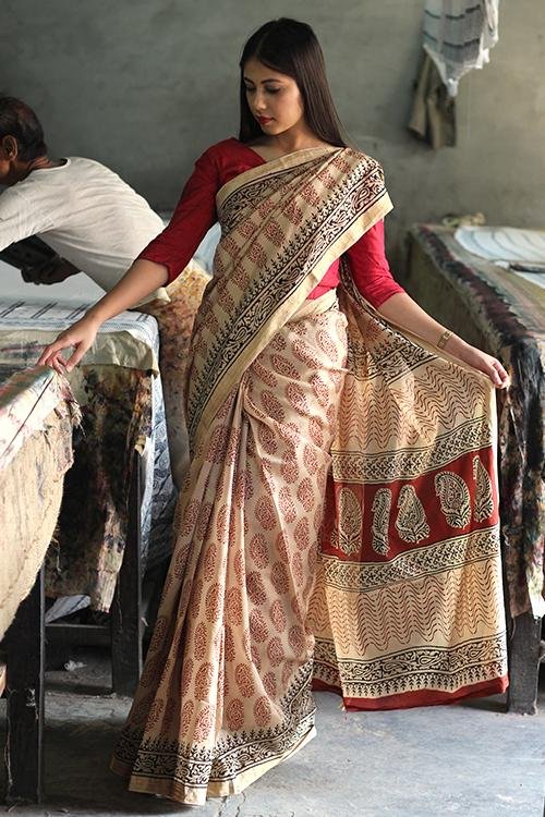 Bagru Handblock Print Maheshwari Silk Saree - SootiSyahi