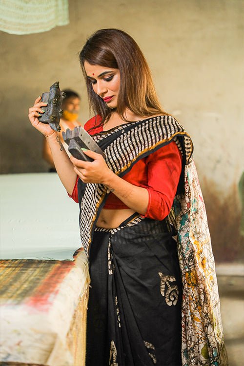 Batik Handblock Print Chanderi Silk Saree - SootiSyahi