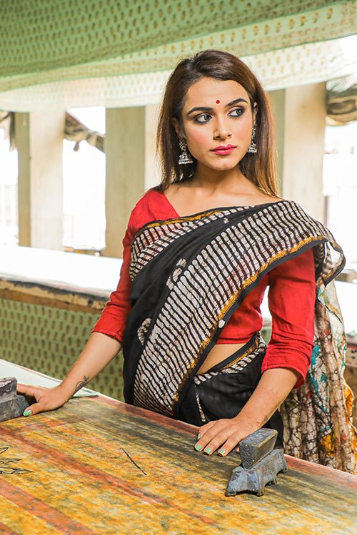 Batik Handblock Print Chanderi Silk Saree - SootiSyahi