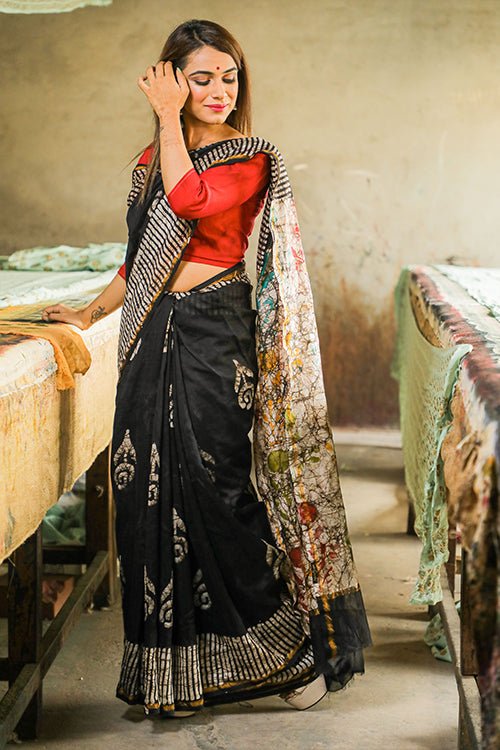 Batik Handblock Print Chanderi Silk Saree - SootiSyahi