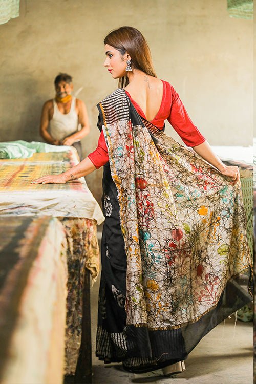 Batik Handblock Print Chanderi Silk Saree - SootiSyahi