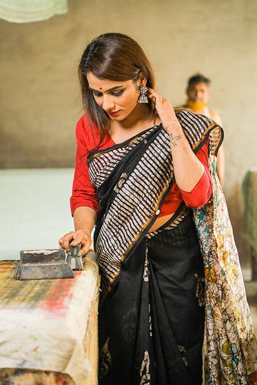 Batik Handblock Print Chanderi Silk Saree - SootiSyahi