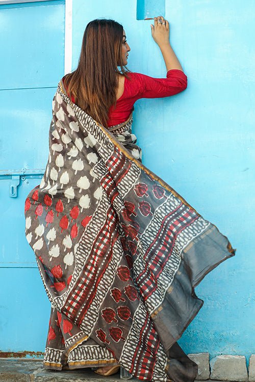 "BAYOU" KASHISH DABU HANDBLOCK PRINT CHANDERI SILK SAREE - SootiSyahi