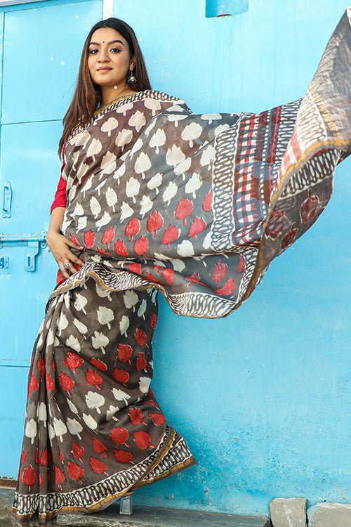 "BAYOU" KASHISH DABU HANDBLOCK PRINT CHANDERI SILK SAREE - SootiSyahi