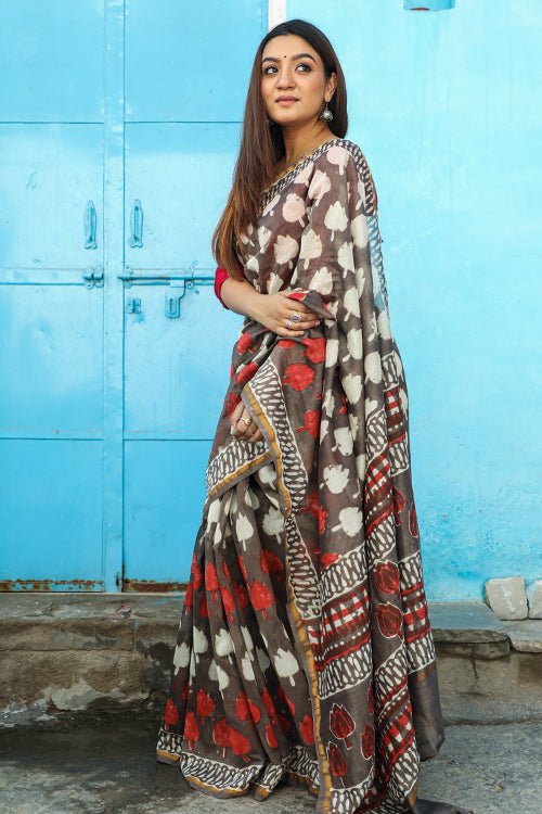 "BAYOU" KASHISH DABU HANDBLOCK PRINT CHANDERI SILK SAREE - SootiSyahi