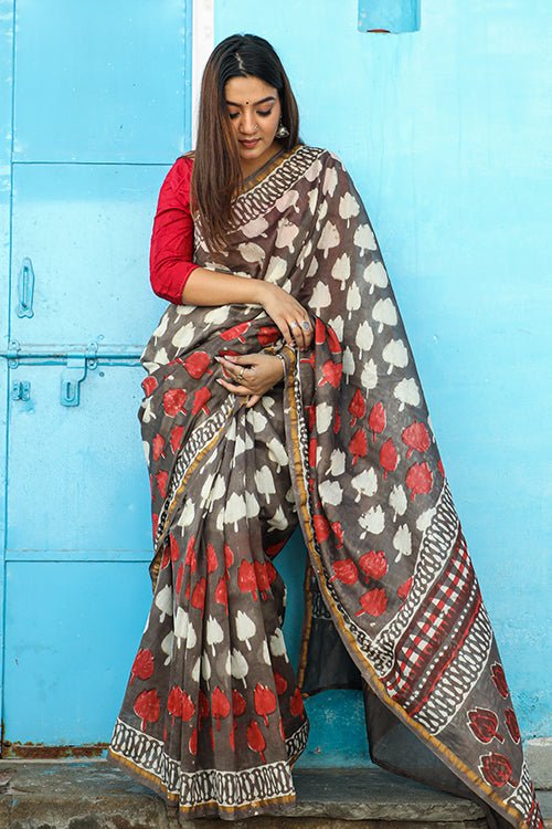 "BAYOU" KASHISH DABU HANDBLOCK PRINT CHANDERI SILK SAREE - SootiSyahi