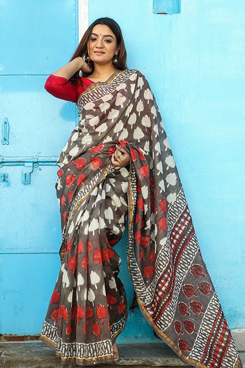 "BAYOU" KASHISH DABU HANDBLOCK PRINT CHANDERI SILK SAREE - SootiSyahi
