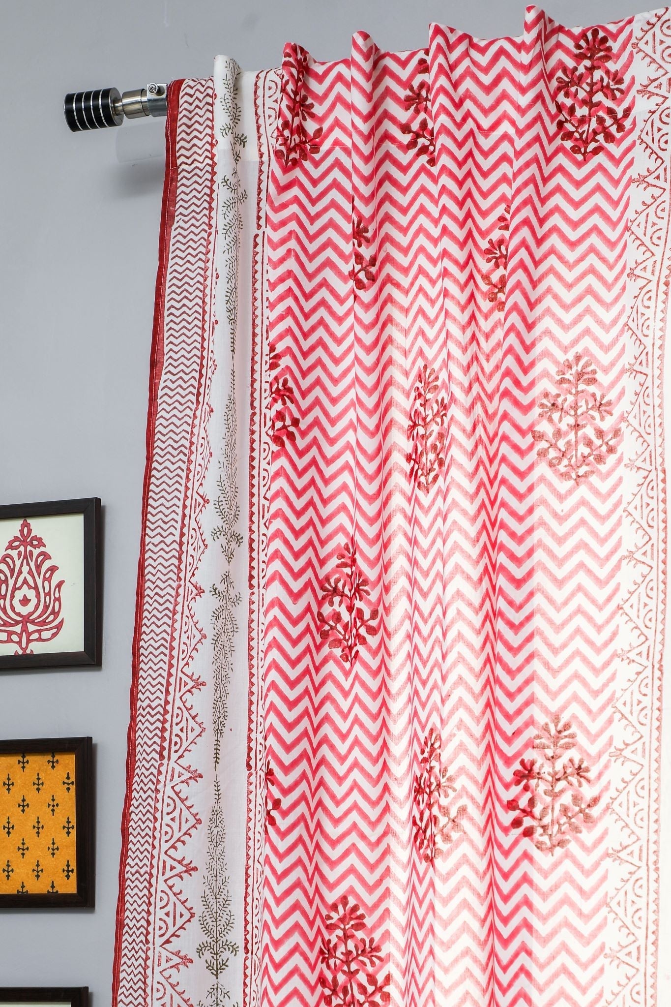 'Blast colour red' Handblock Printed Cotton Window Curtain - SootiSyahi