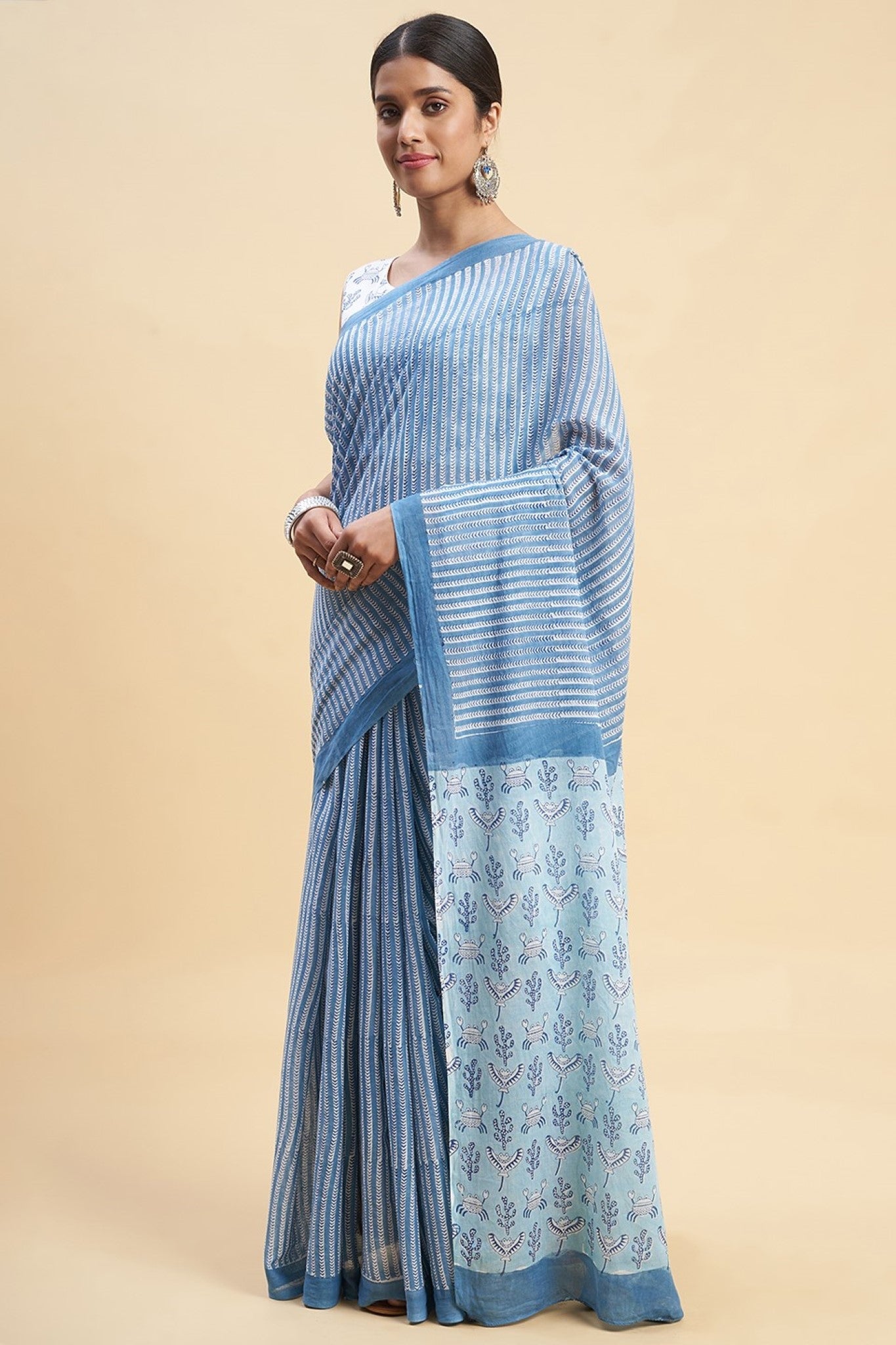 "Blue Crabs" HANDBLOCK PRINT MUL COTTON SAREE - SootiSyahi