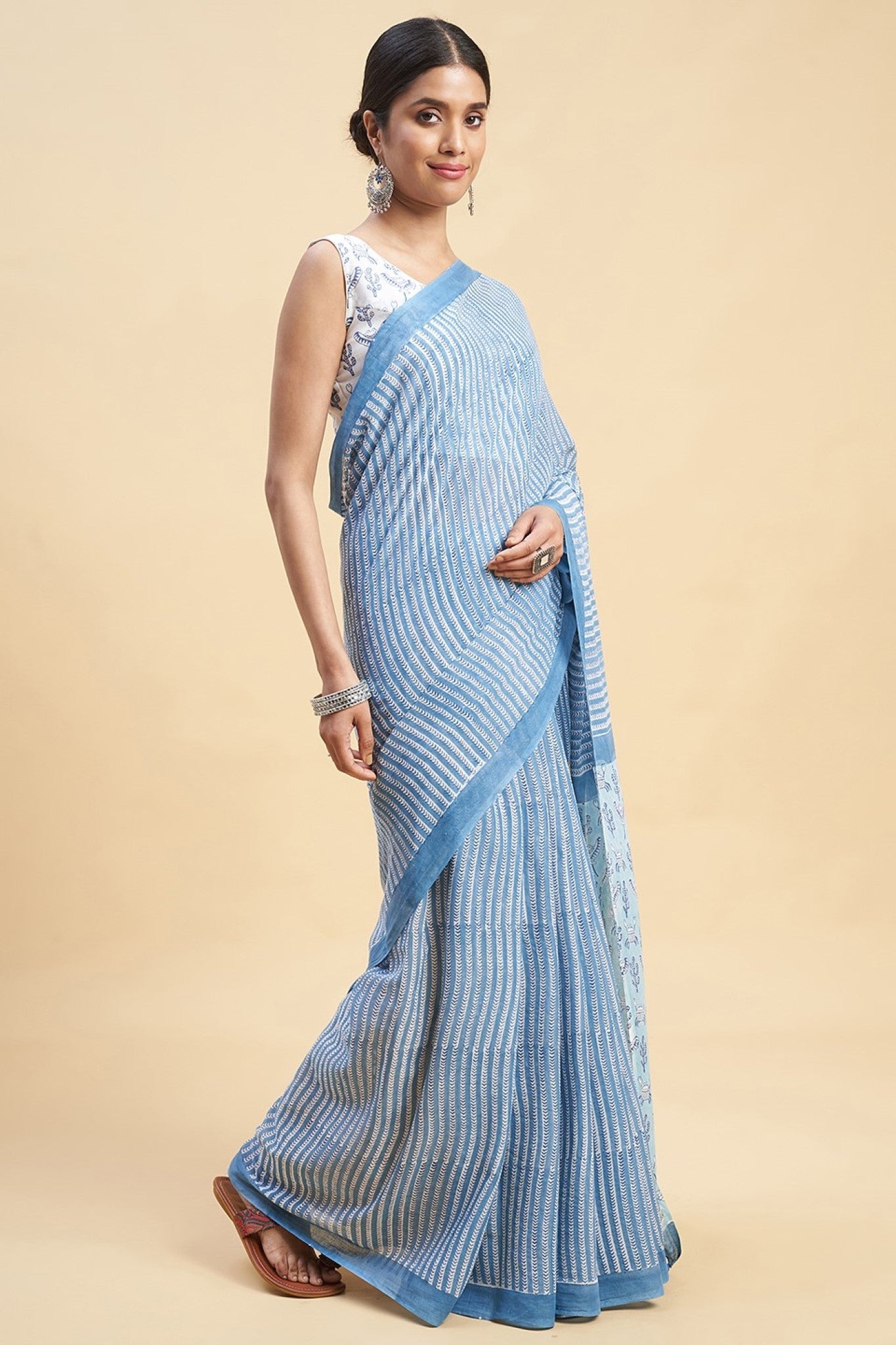 "Blue Crabs" HANDBLOCK PRINT MUL COTTON SAREE - SootiSyahi