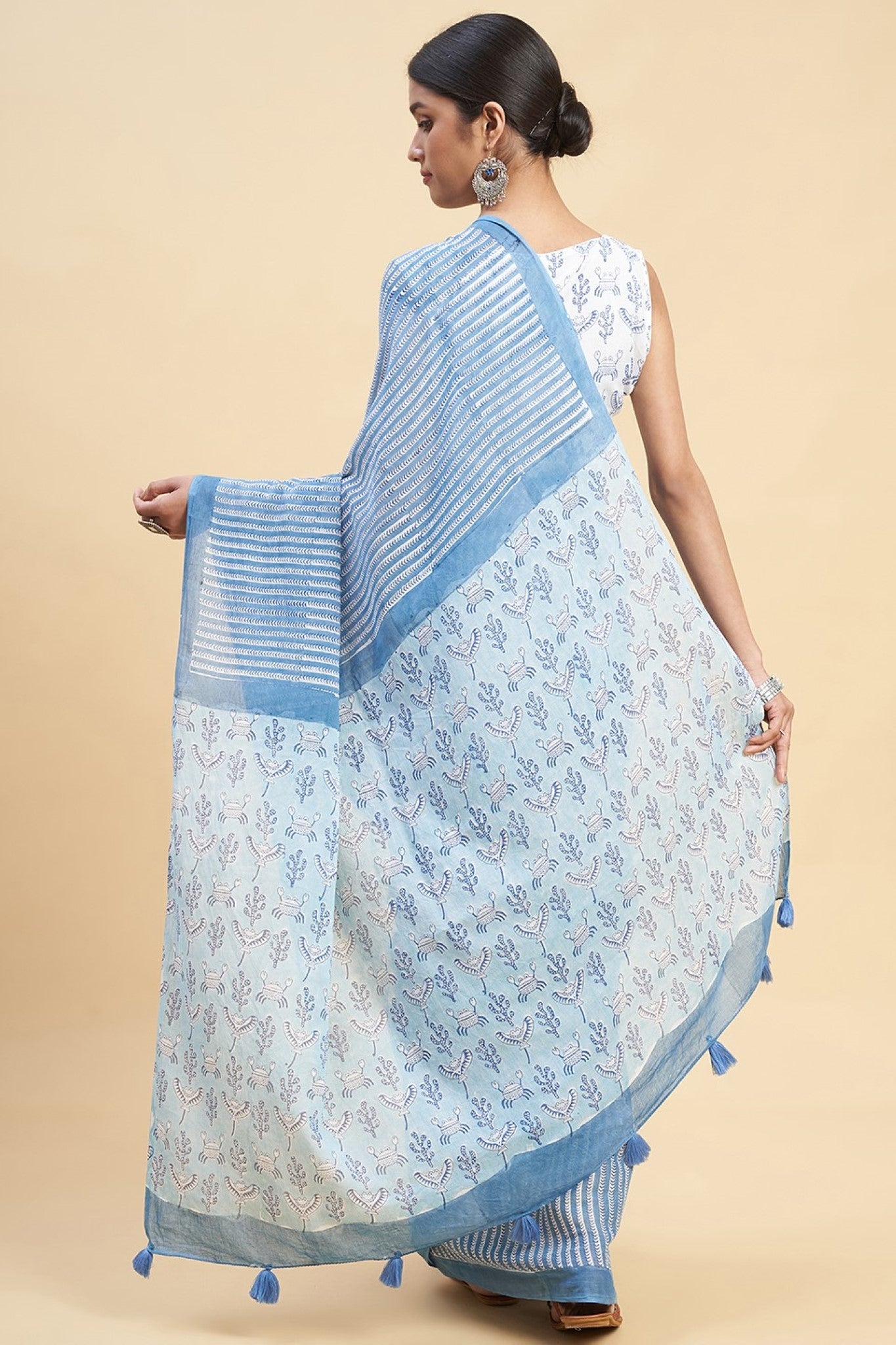 "Blue Crabs" HANDBLOCK PRINT MUL COTTON SAREE - SootiSyahi