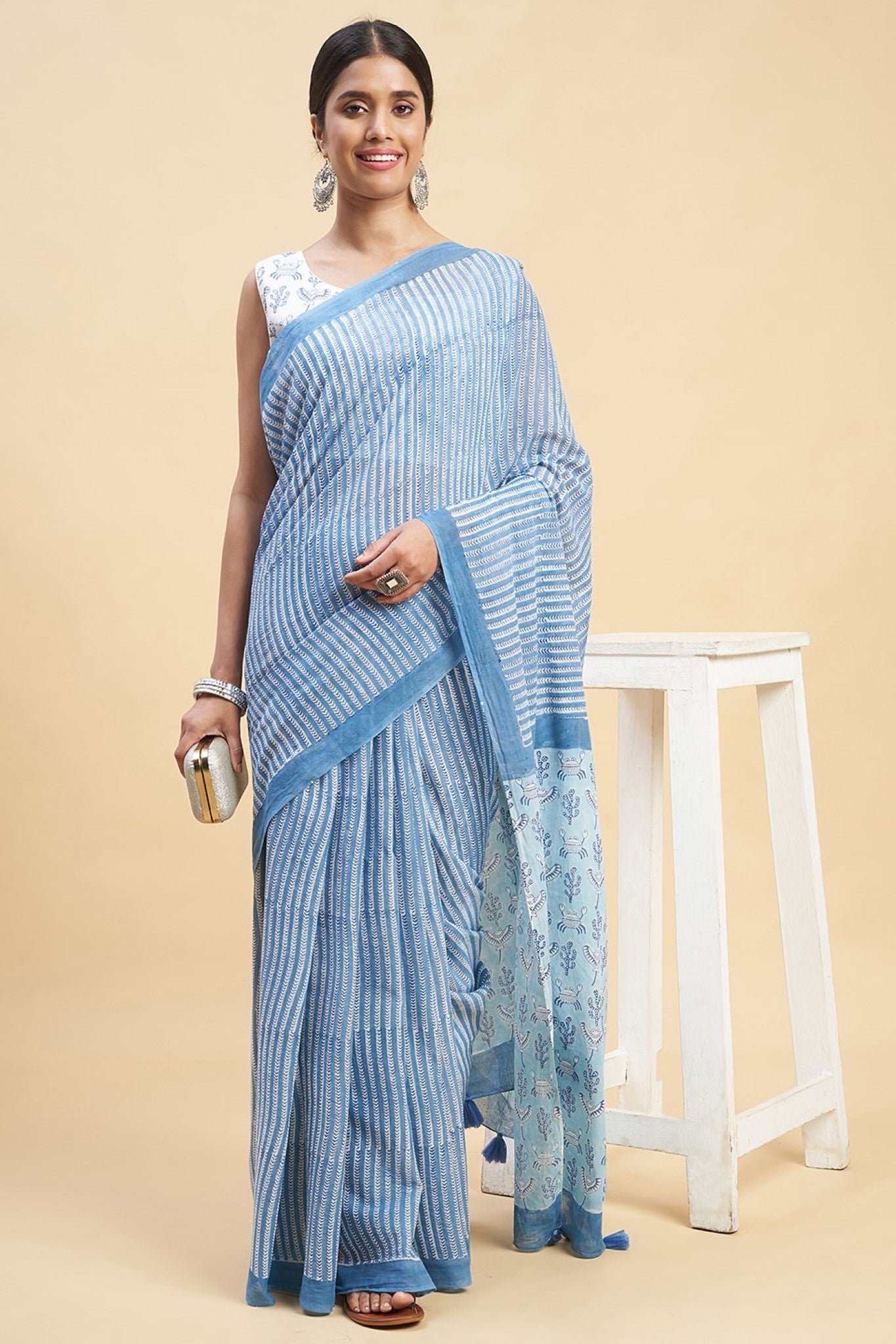 "Blue Crabs" HANDBLOCK PRINT MUL COTTON SAREE - SootiSyahi