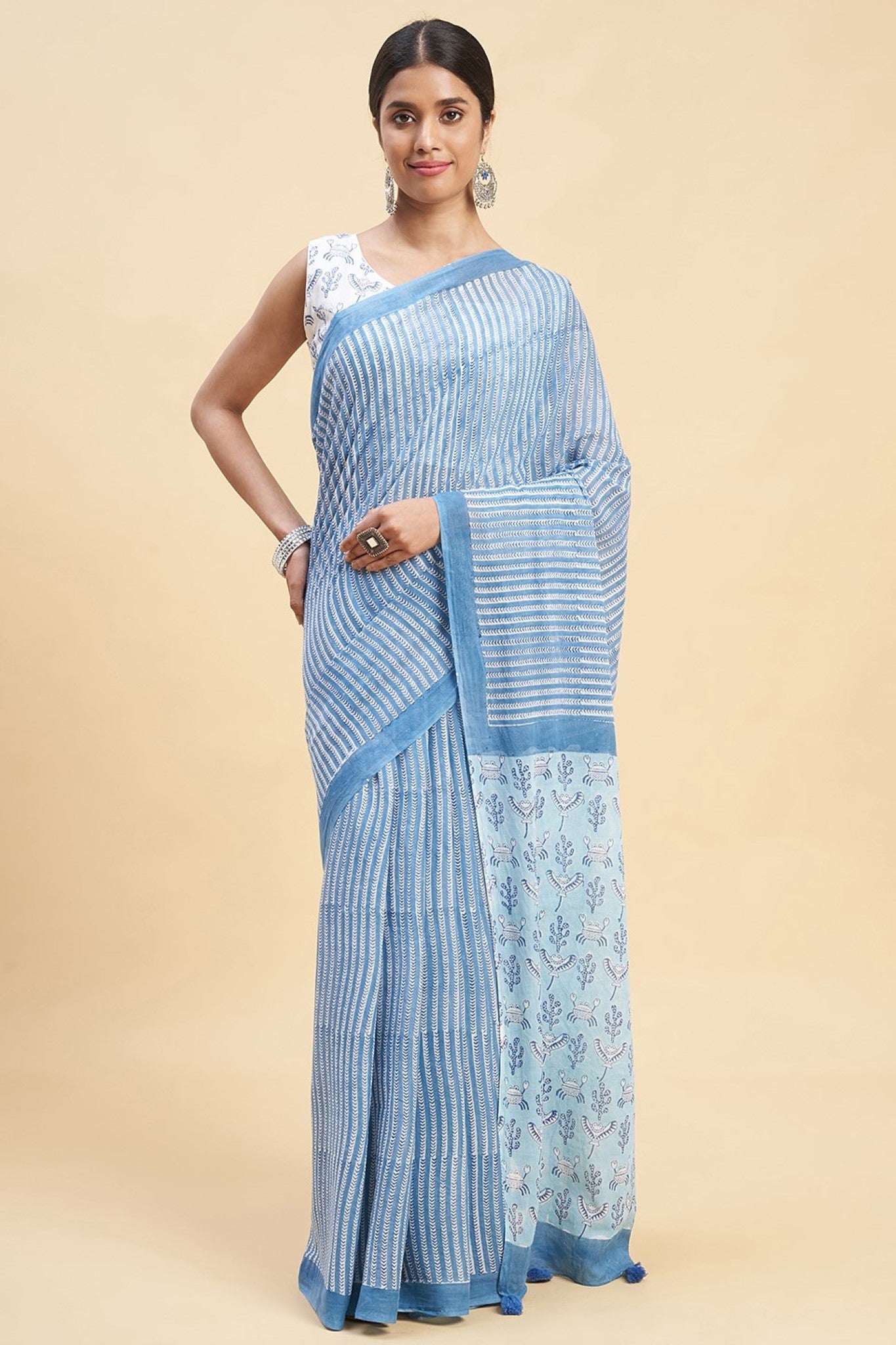 "Blue Crabs" HANDBLOCK PRINT MUL COTTON SAREE - SootiSyahi