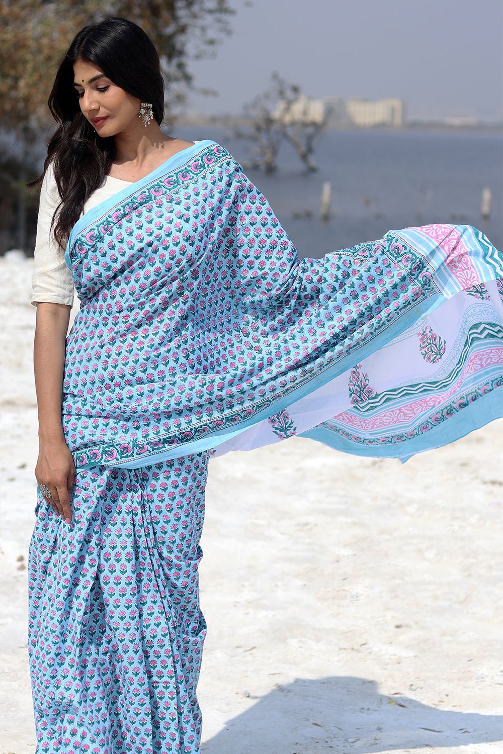 "Blue Popsicle" Block Printed Cotton Saree - SootiSyahi
