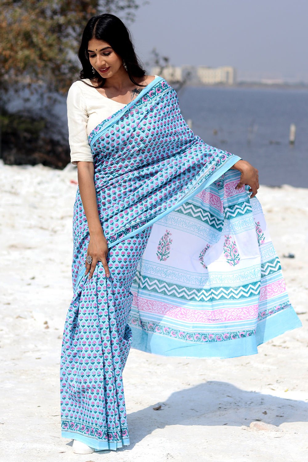 "Blue Popsicle" Block Printed Cotton Saree - SootiSyahi