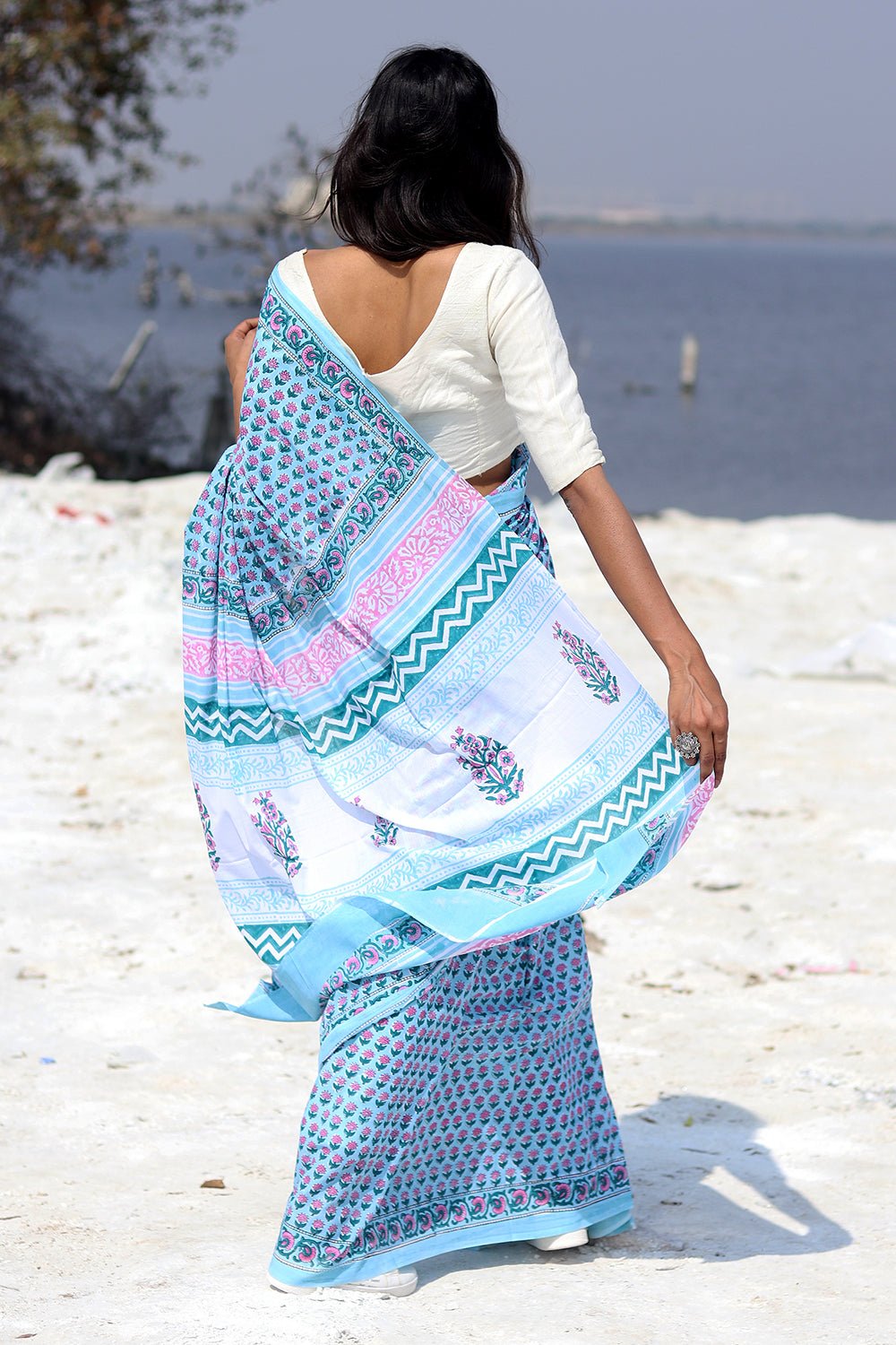 "Blue Popsicle" Block Printed Cotton Saree - SootiSyahi