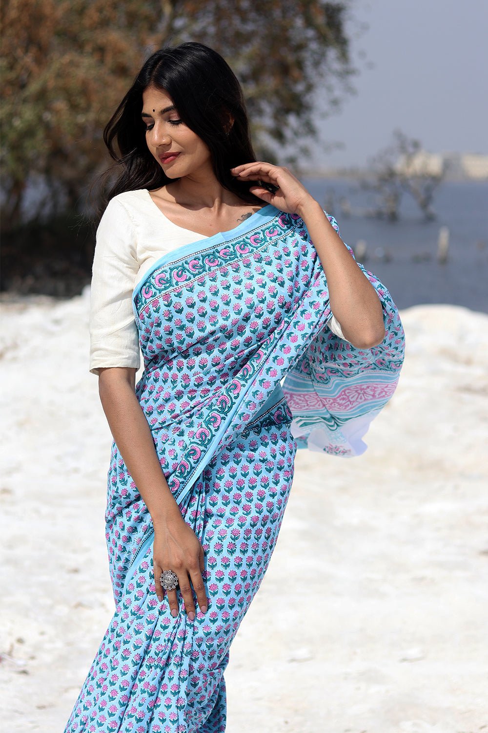 "Blue Popsicle" Block Printed Cotton Saree - SootiSyahi