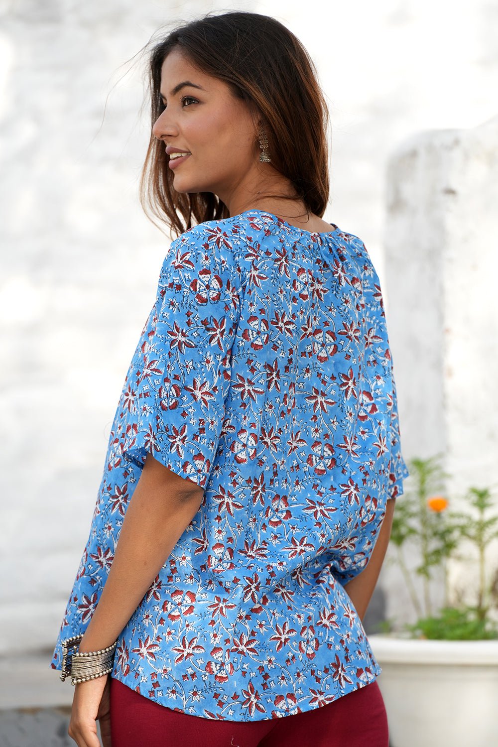 Blueberry Burgundy Handblock Printed Cotton Top - SootiSyahi