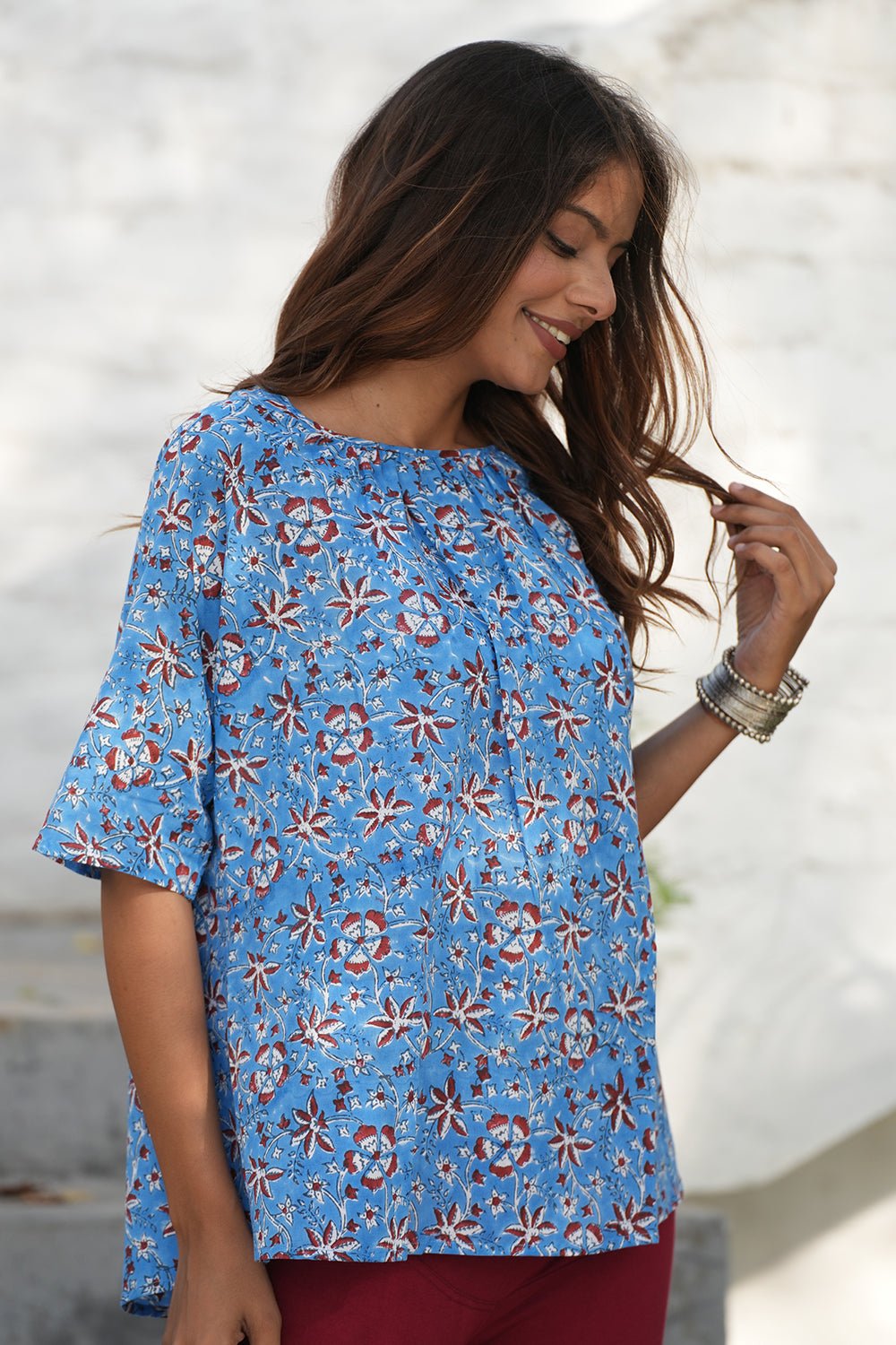 Blueberry Burgundy Handblock Printed Cotton Top - SootiSyahi