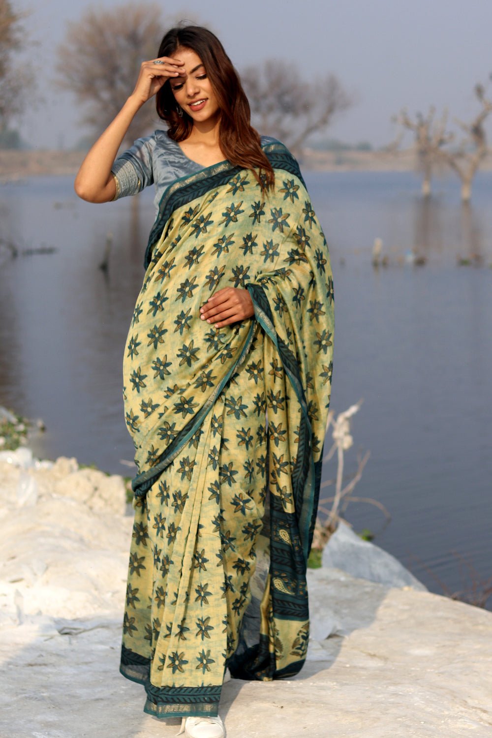 Botanical Bliss Handblock Printed Chanderi Saree - SootiSyahi