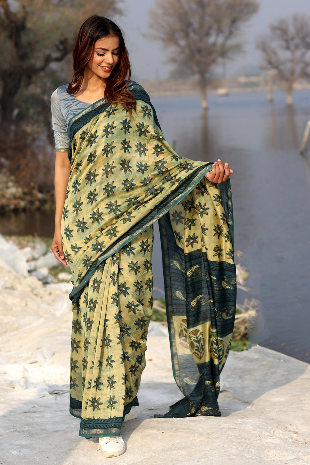 Botanical Bliss Handblock Printed Chanderi Saree - SootiSyahi