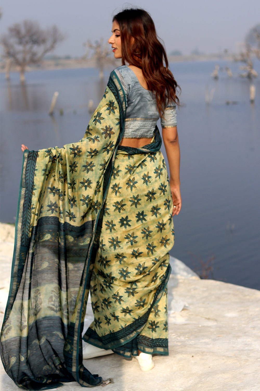 Botanical Bliss Handblock Printed Chanderi Saree - SootiSyahi