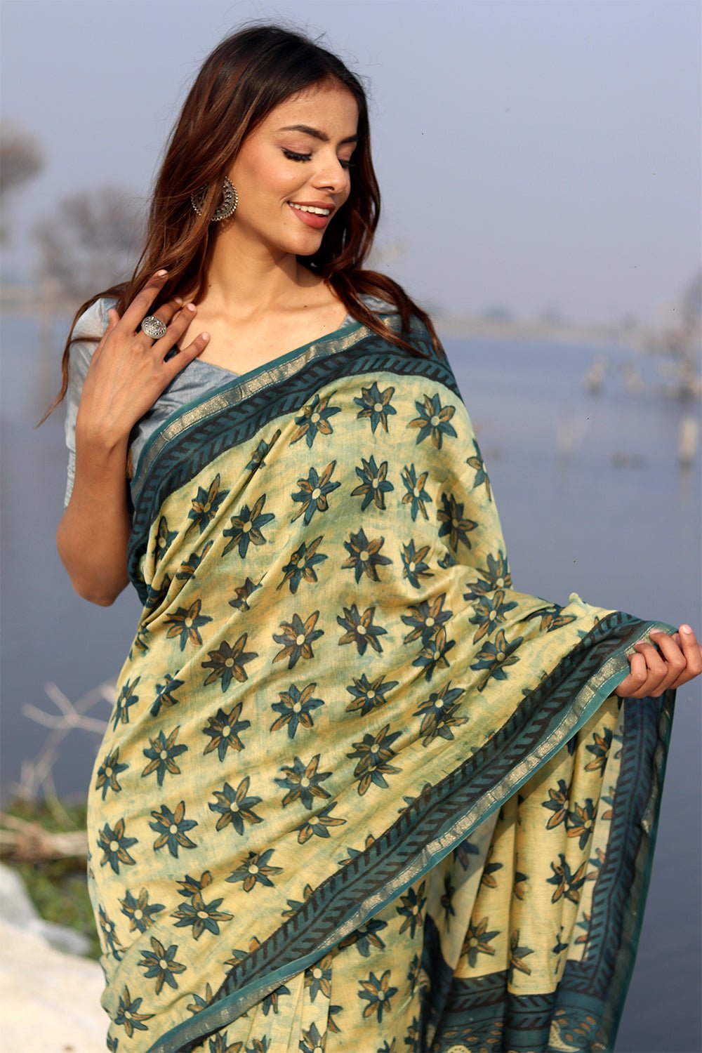 Botanical Bliss Handblock Printed Chanderi Saree - SootiSyahi
