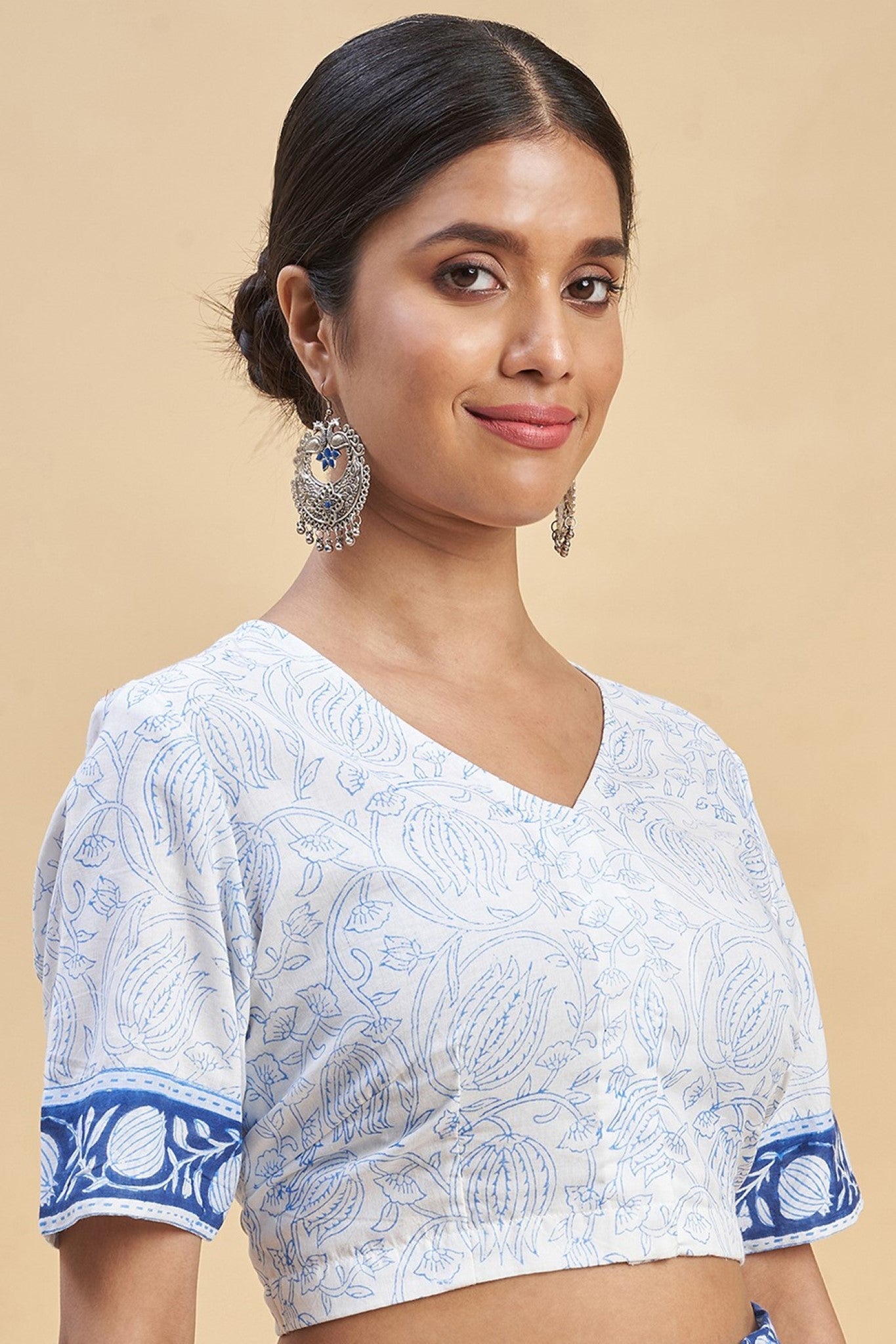 "Botanical Blue'' Block Printed Cotton Saree - SootiSyahi