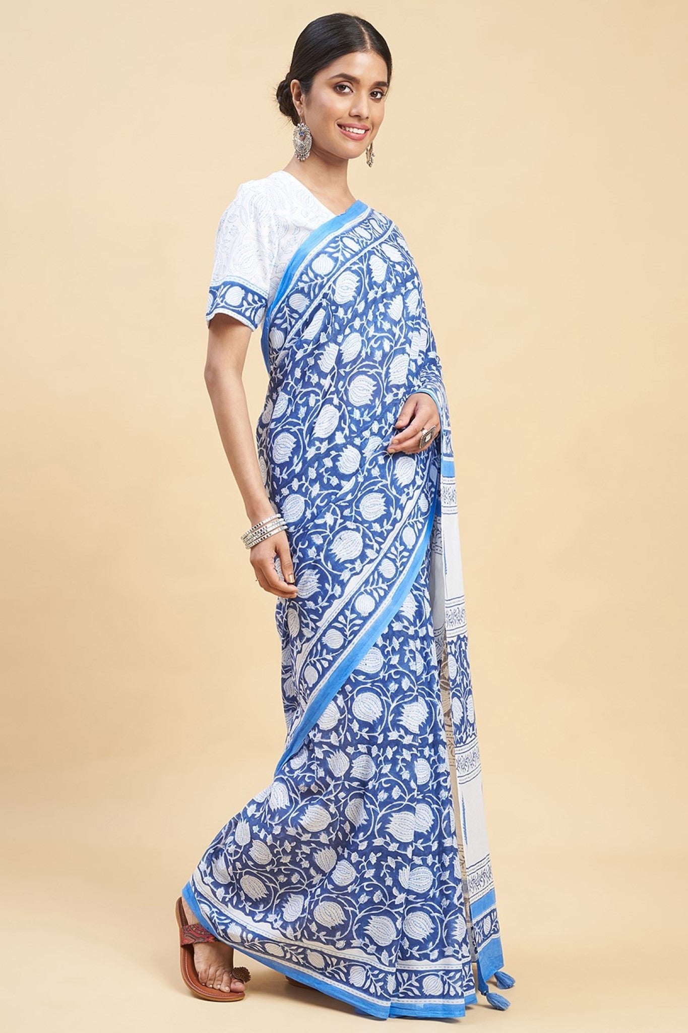"Botanical Blue'' Block Printed Cotton Saree - SootiSyahi