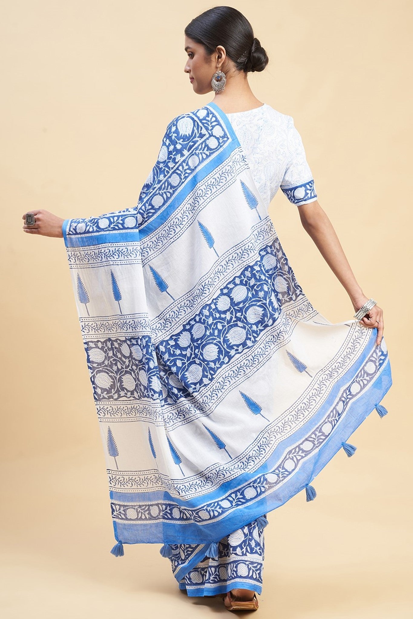 "Botanical Blue'' Block Printed Cotton Saree - SootiSyahi