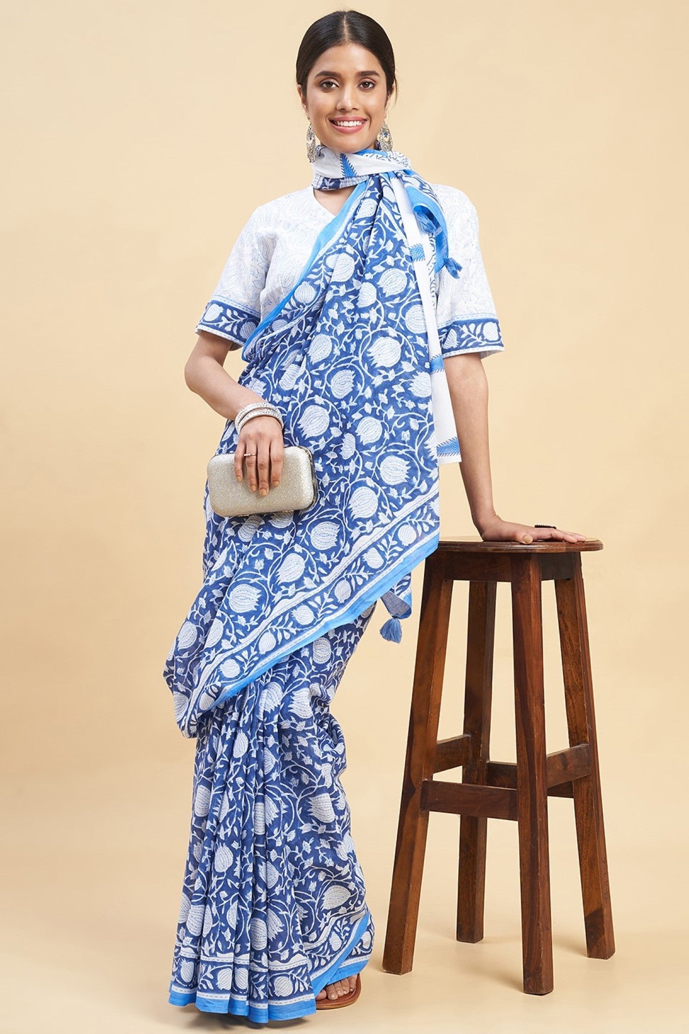 "Botanical Blue'' Block Printed Cotton Saree - SootiSyahi