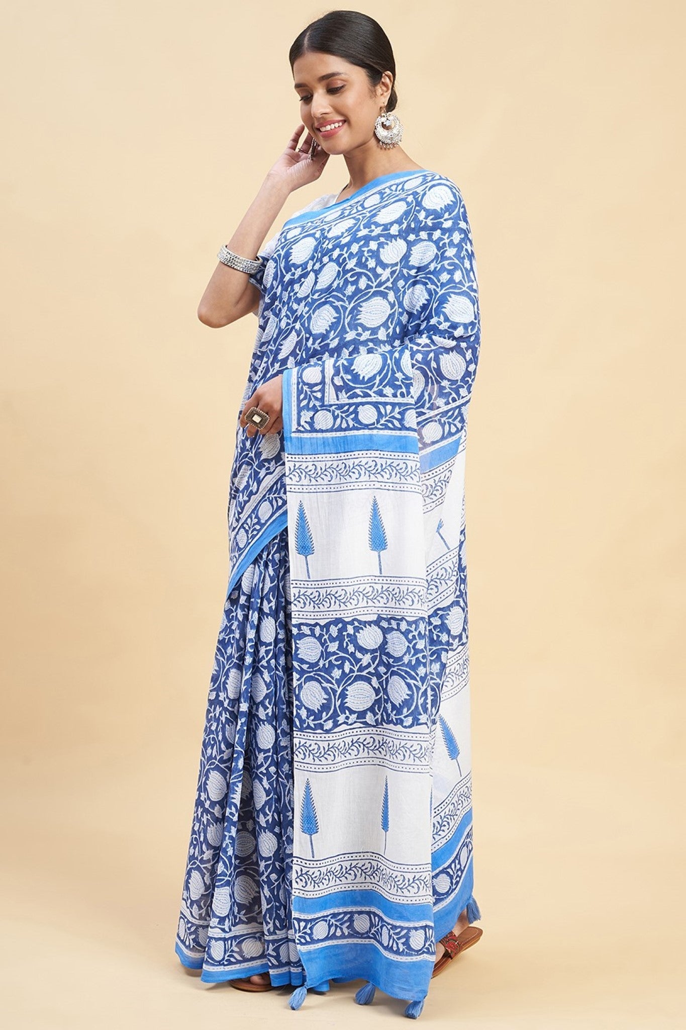 "Botanical Blue'' Block Printed Cotton Saree - SootiSyahi